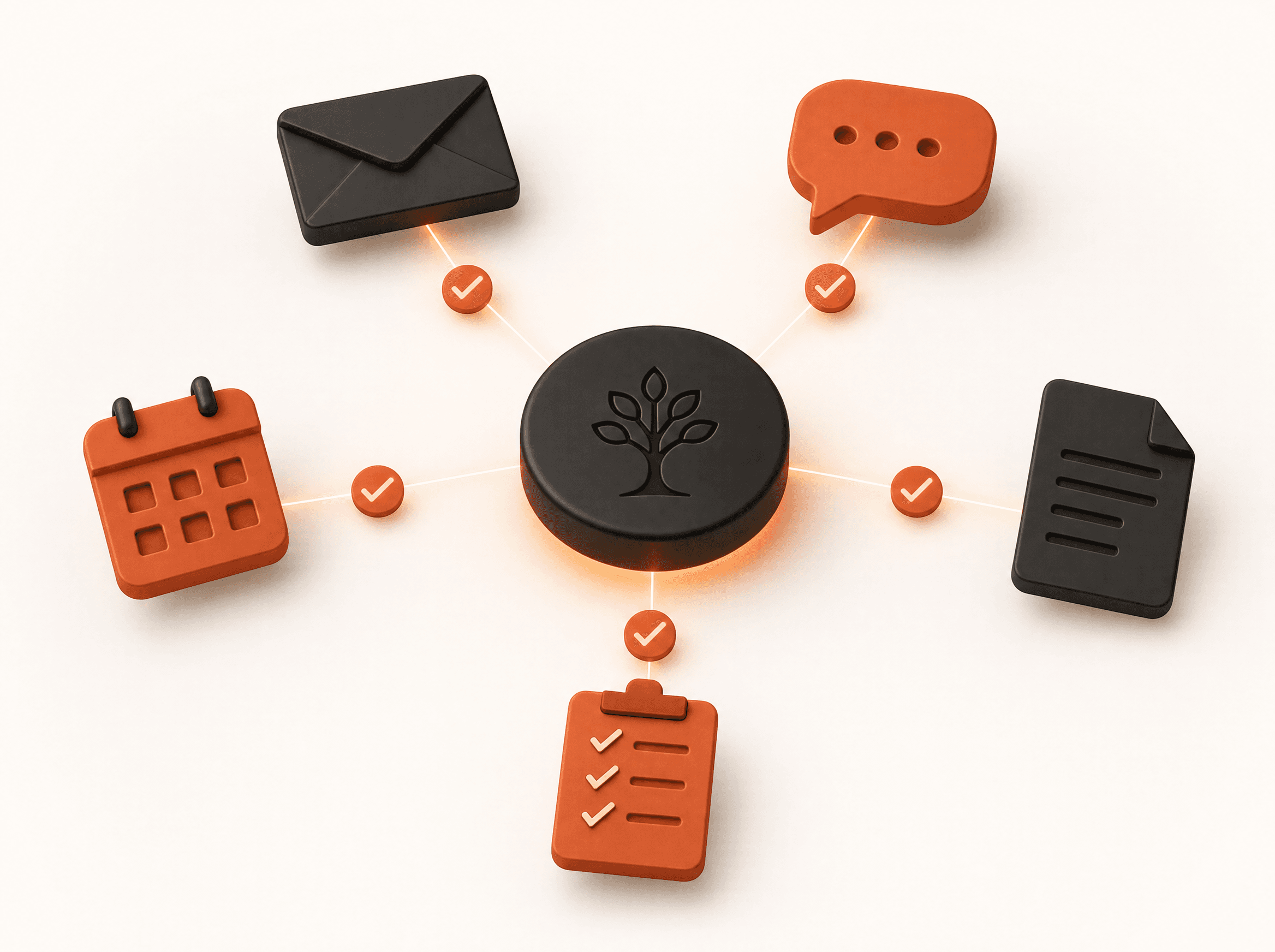 Un agente de IA central, representado con un icono de árbol que simboliza crecimiento, resolviendo automáticamente correos, chats, calendario, documentos y tareas pendientes